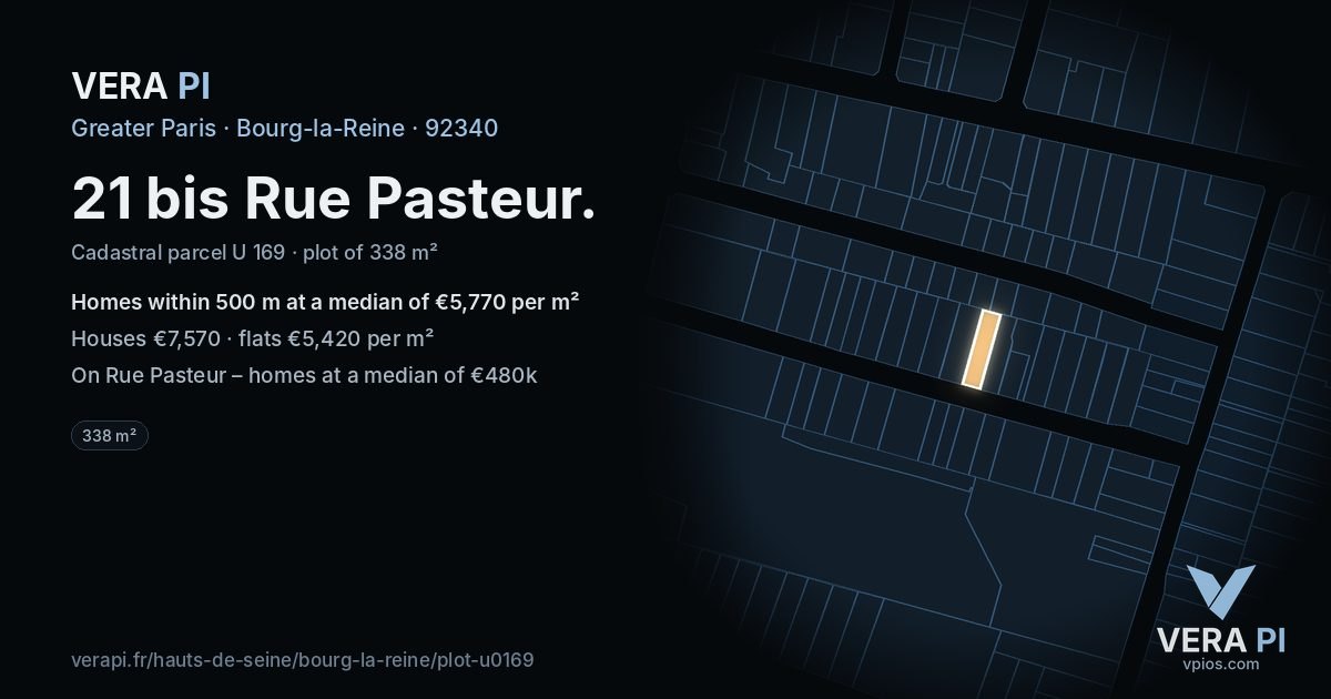 21 bis Rue Pasteur, Bourg-la-Reine at night – the plot lit, the parcels around coloured by the prices near them