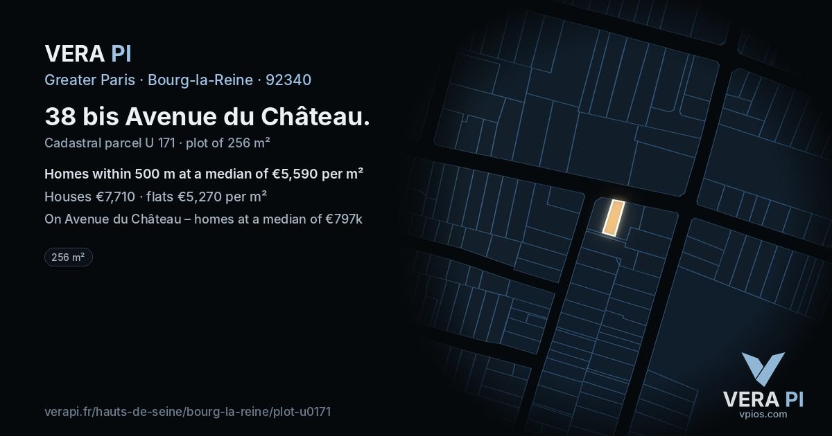 38 bis Avenue du Château, Bourg-la-Reine at night – the plot lit, the parcels around coloured by the prices near them
