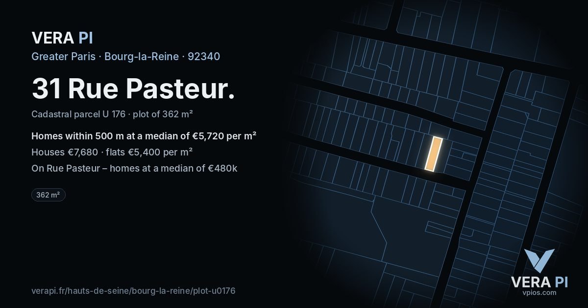 31 Rue Pasteur, Bourg-la-Reine at night – the plot lit, the parcels around coloured by the prices near them