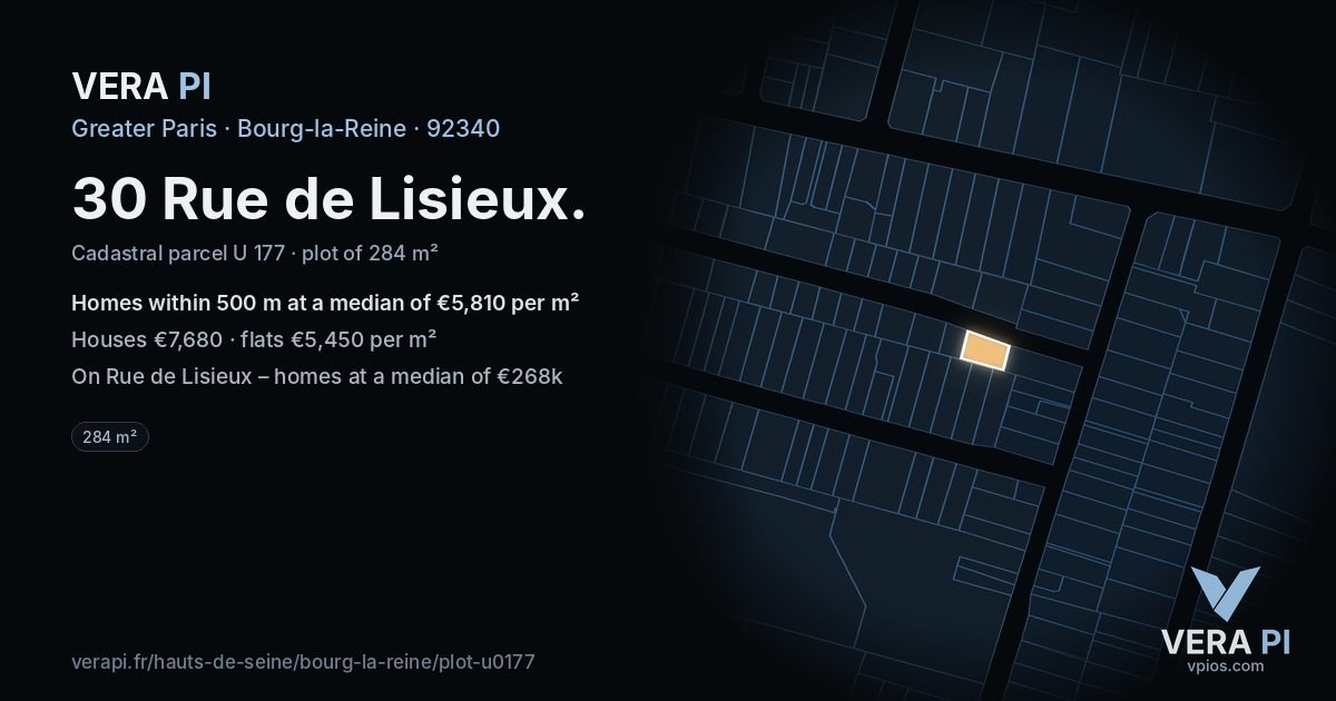 30 Rue de Lisieux, Bourg-la-Reine at night – the plot lit, the parcels around coloured by the prices near them