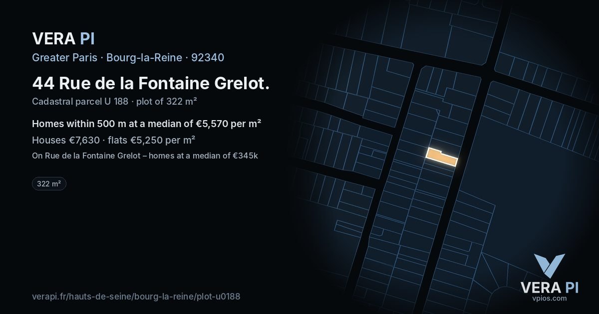 44 Rue de la Fontaine Grelot, Bourg-la-Reine at night – the plot lit, the parcels around coloured by the prices near them