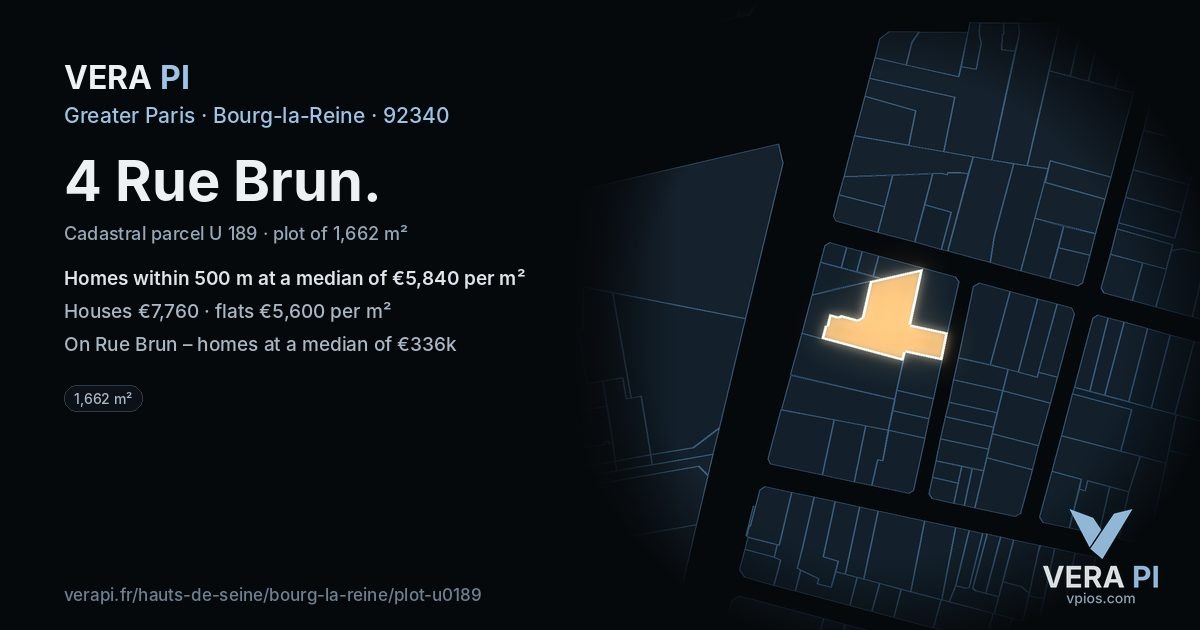 4 Rue Brun, Bourg-la-Reine at night – the plot lit, the parcels around coloured by the prices near them