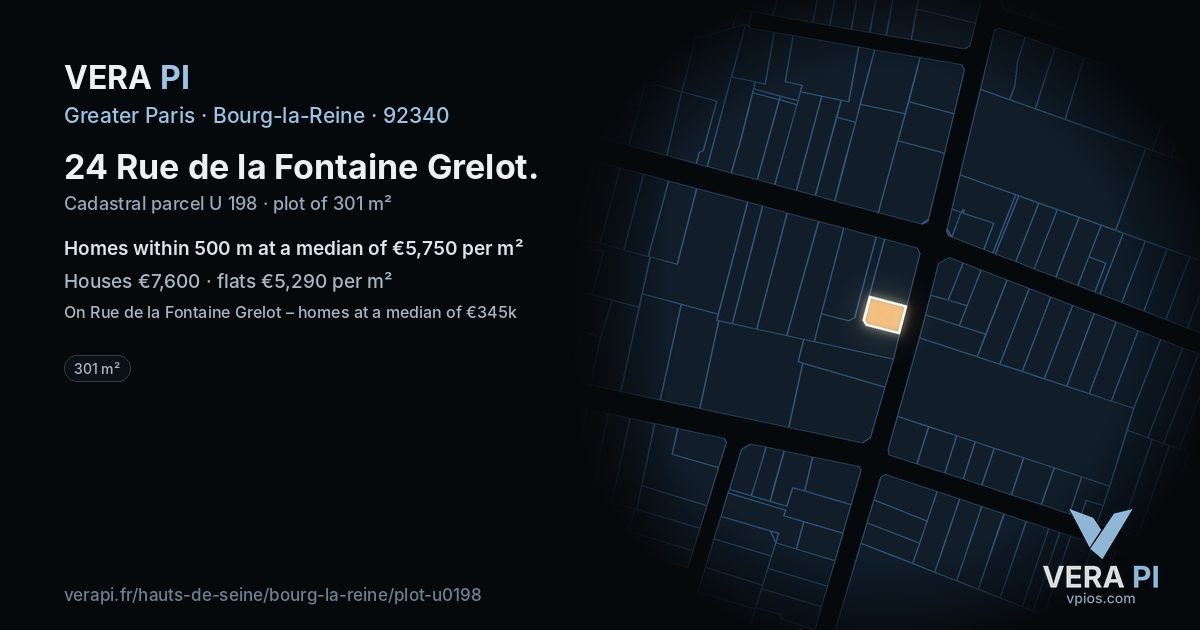 24 Rue de la Fontaine Grelot, Bourg-la-Reine at night – the plot lit, the parcels around coloured by the prices near them