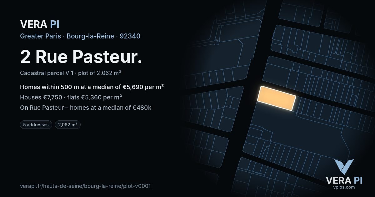 2 Rue Pasteur, Bourg-la-Reine at night – the plot lit, the parcels around coloured by the prices near them