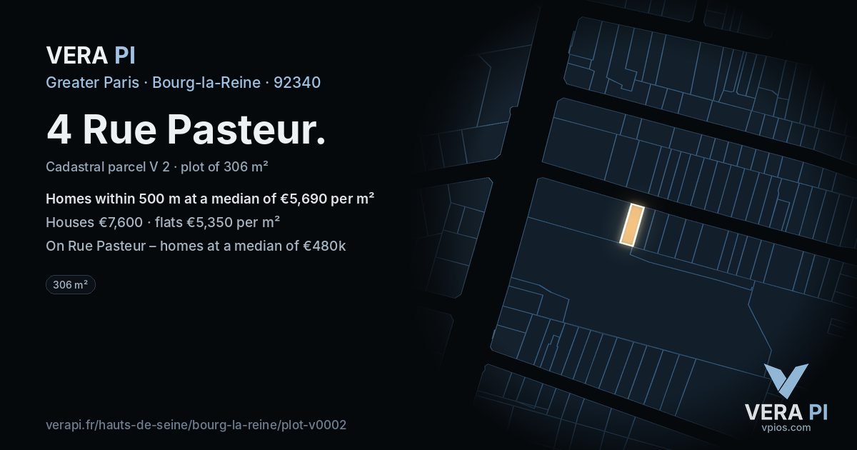 4 Rue Pasteur, Bourg-la-Reine at night – the plot lit, the parcels around coloured by the prices near them