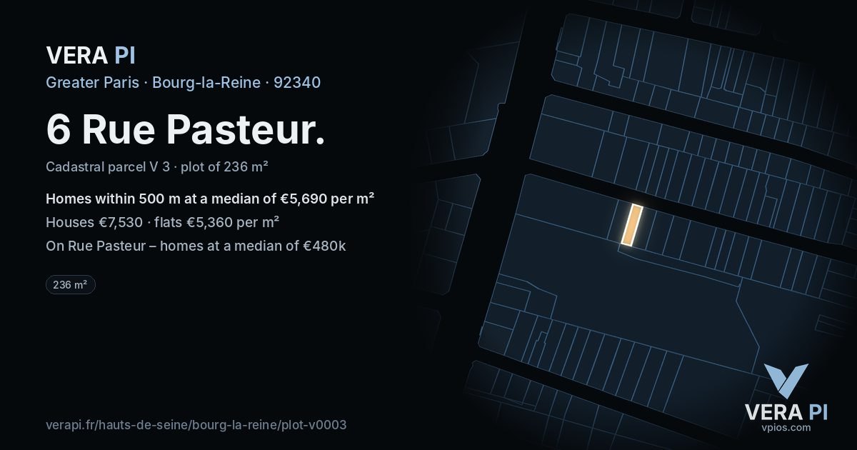 6 Rue Pasteur, Bourg-la-Reine at night – the plot lit, the parcels around coloured by the prices near them