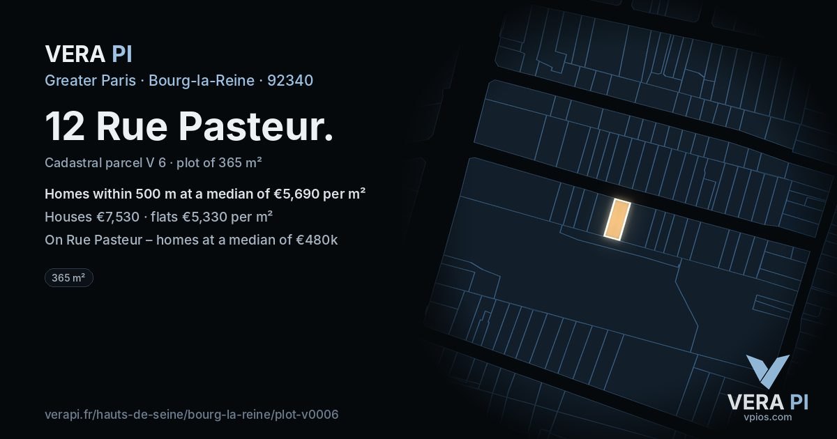 12 Rue Pasteur, Bourg-la-Reine at night – the plot lit, the parcels around coloured by the prices near them