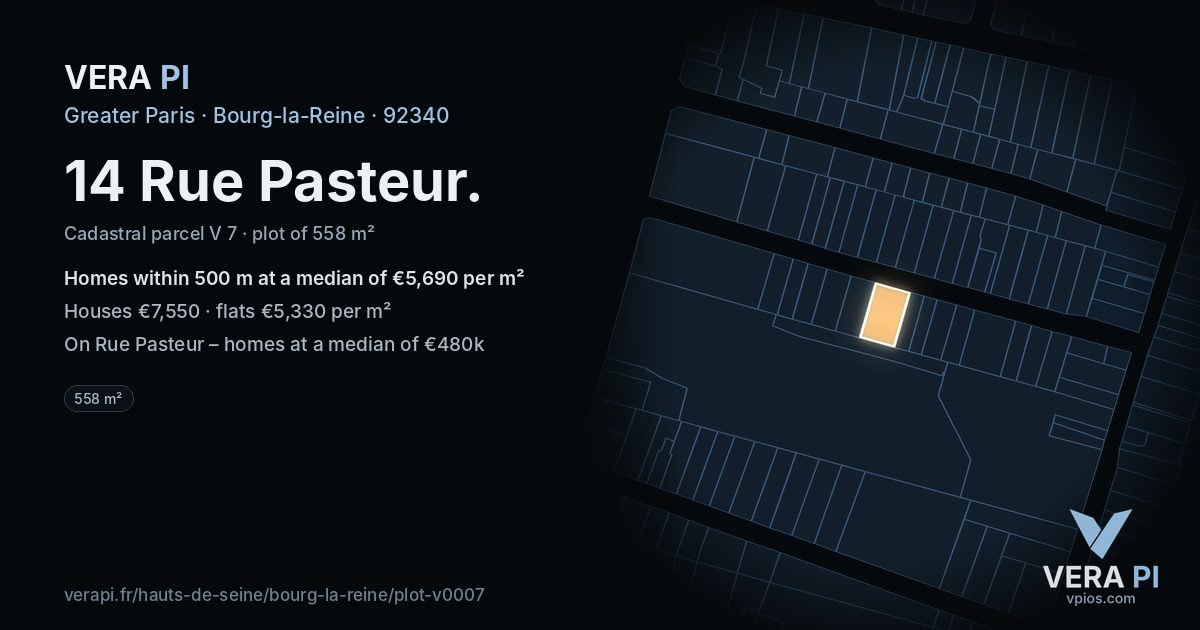 14 Rue Pasteur, Bourg-la-Reine at night – the plot lit, the parcels around coloured by the prices near them