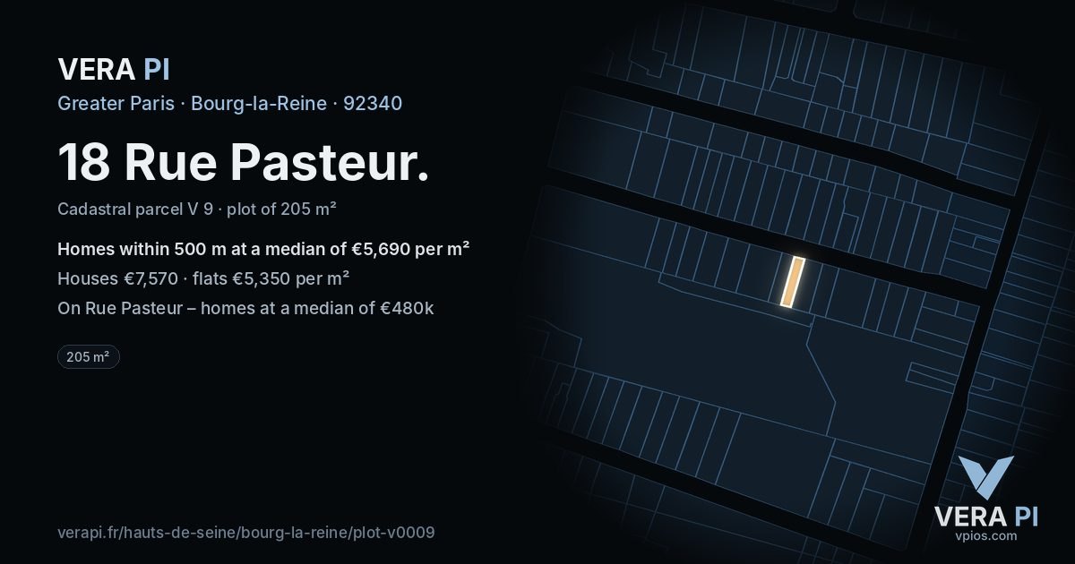 18 Rue Pasteur, Bourg-la-Reine at night – the plot lit, the parcels around coloured by the prices near them