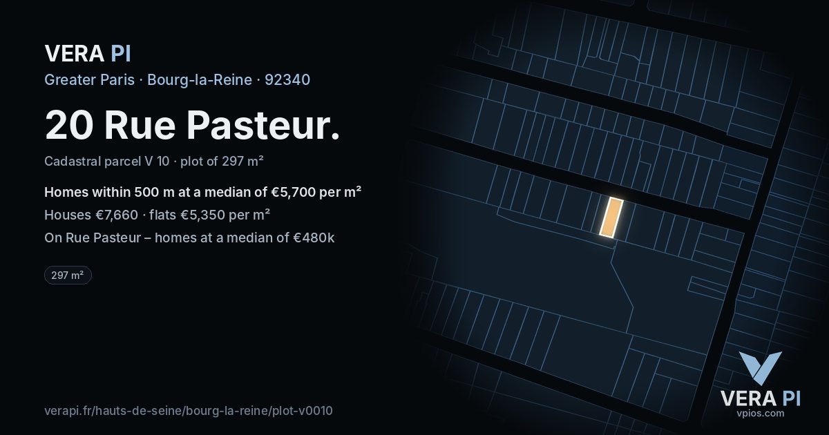 20 Rue Pasteur, Bourg-la-Reine at night – the plot lit, the parcels around coloured by the prices near them
