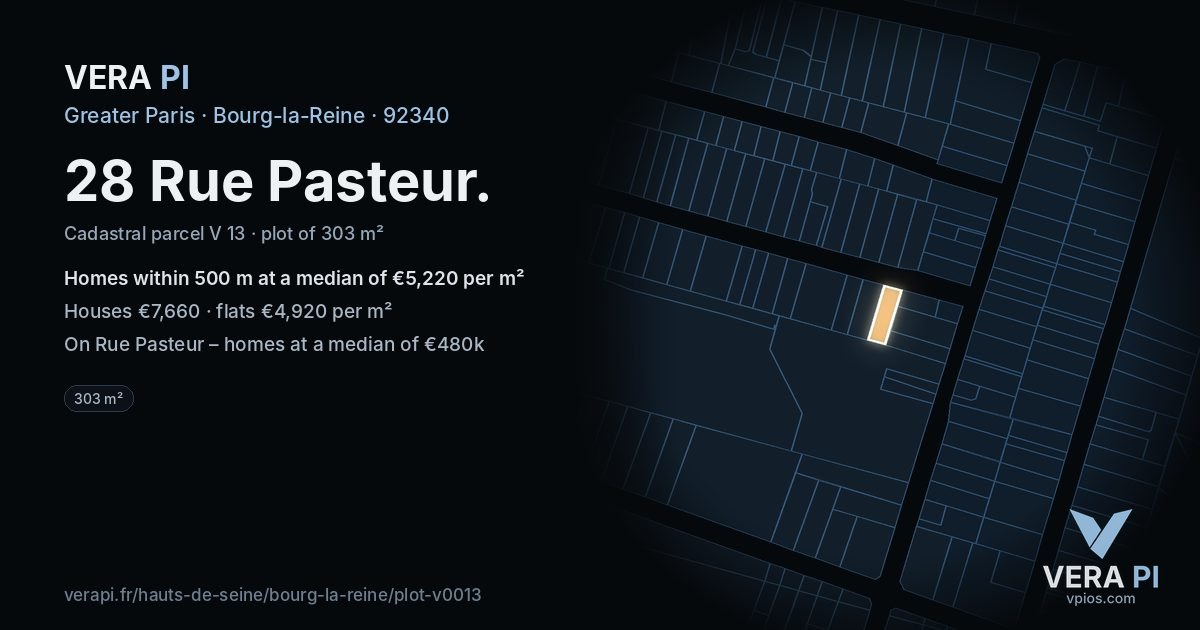 28 Rue Pasteur, Bourg-la-Reine at night – the plot lit, the parcels around coloured by the prices near them
