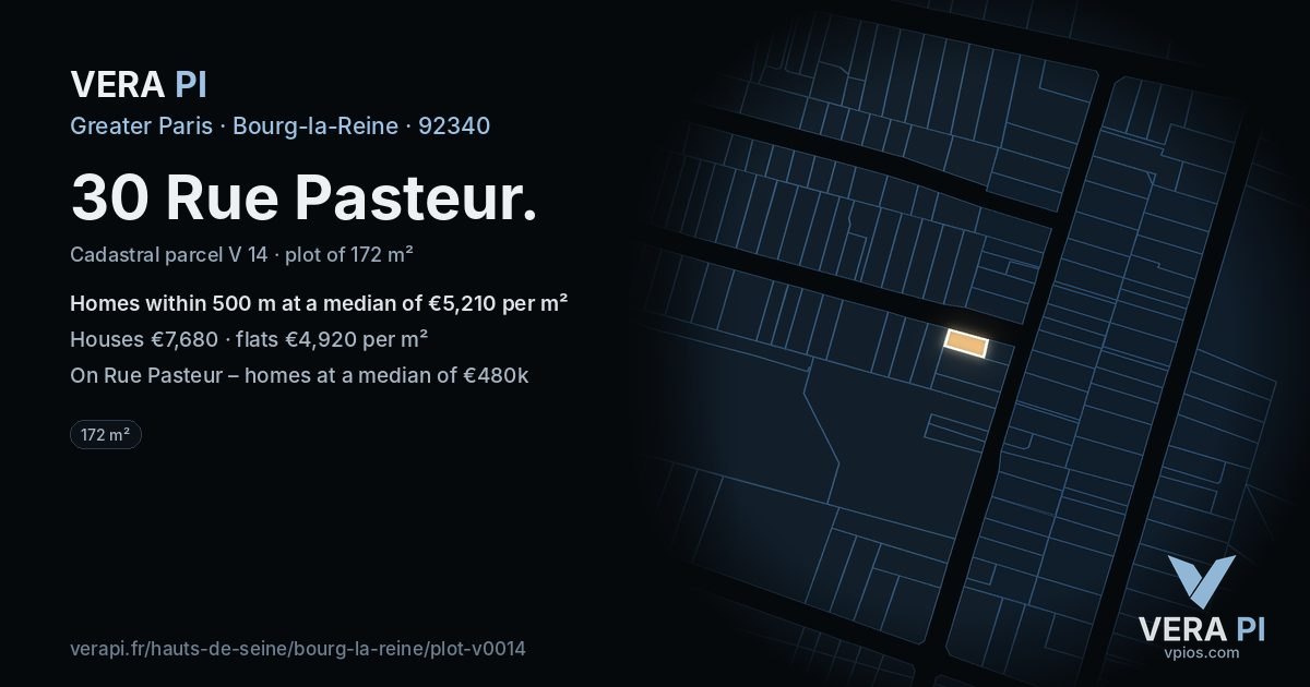 30 Rue Pasteur, Bourg-la-Reine at night – the plot lit, the parcels around coloured by the prices near them