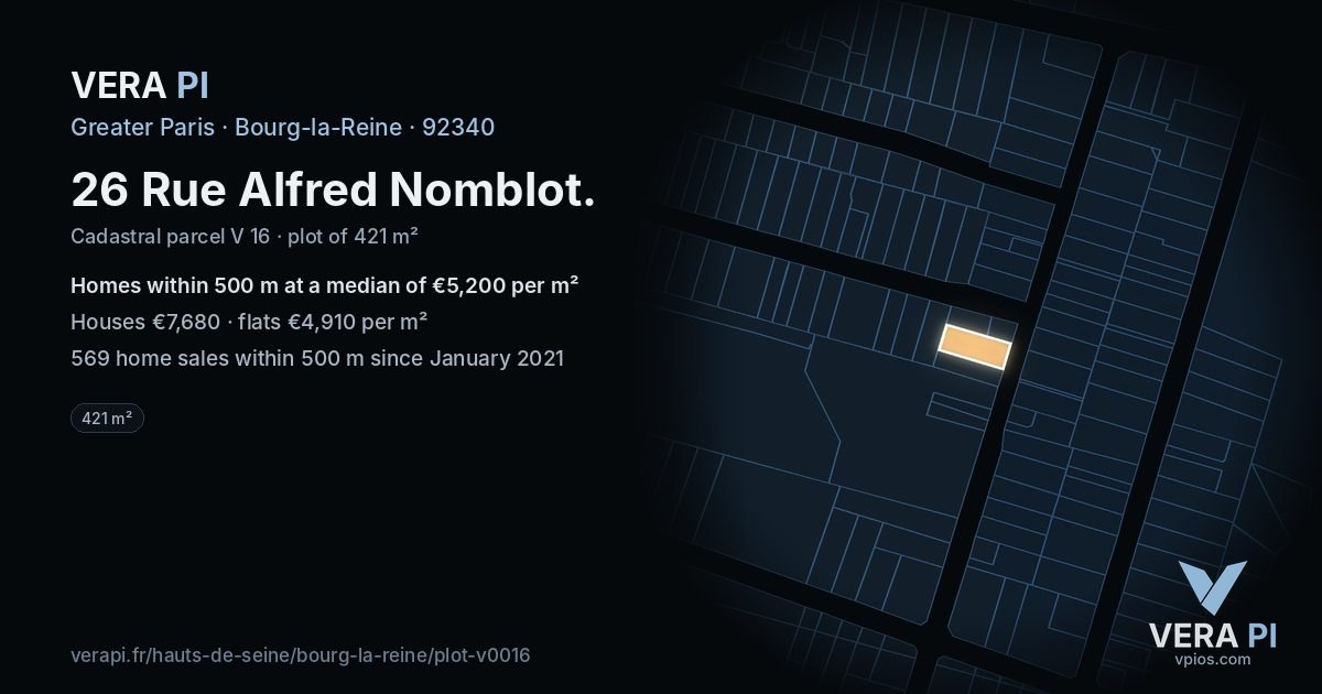 26 Rue Alfred Nomblot, Bourg-la-Reine at night – the plot lit, the parcels around coloured by the prices near them
