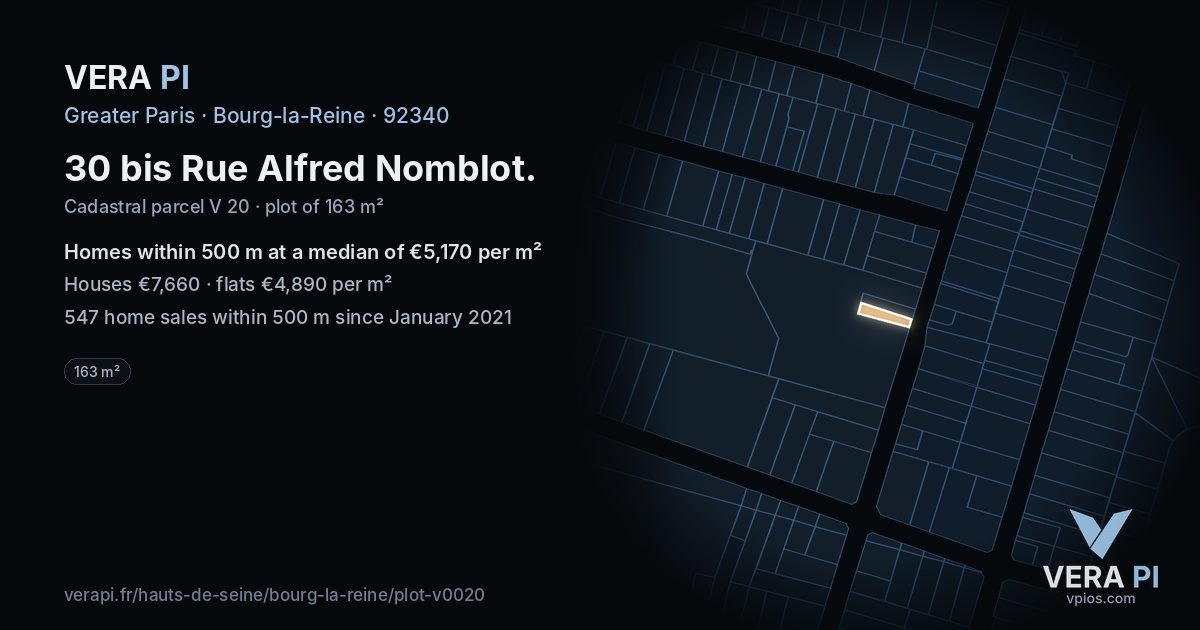30 bis Rue Alfred Nomblot, Bourg-la-Reine at night – the plot lit, the parcels around coloured by the prices near them