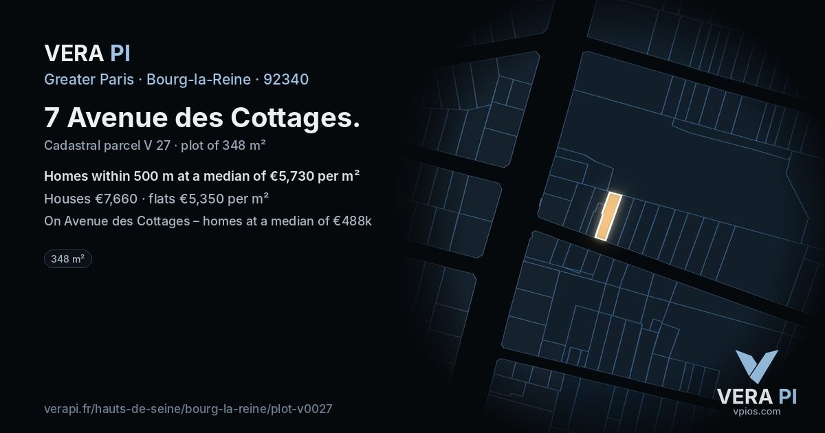 7 Avenue des Cottages, Bourg-la-Reine at night – the plot lit, the parcels around coloured by the prices near them