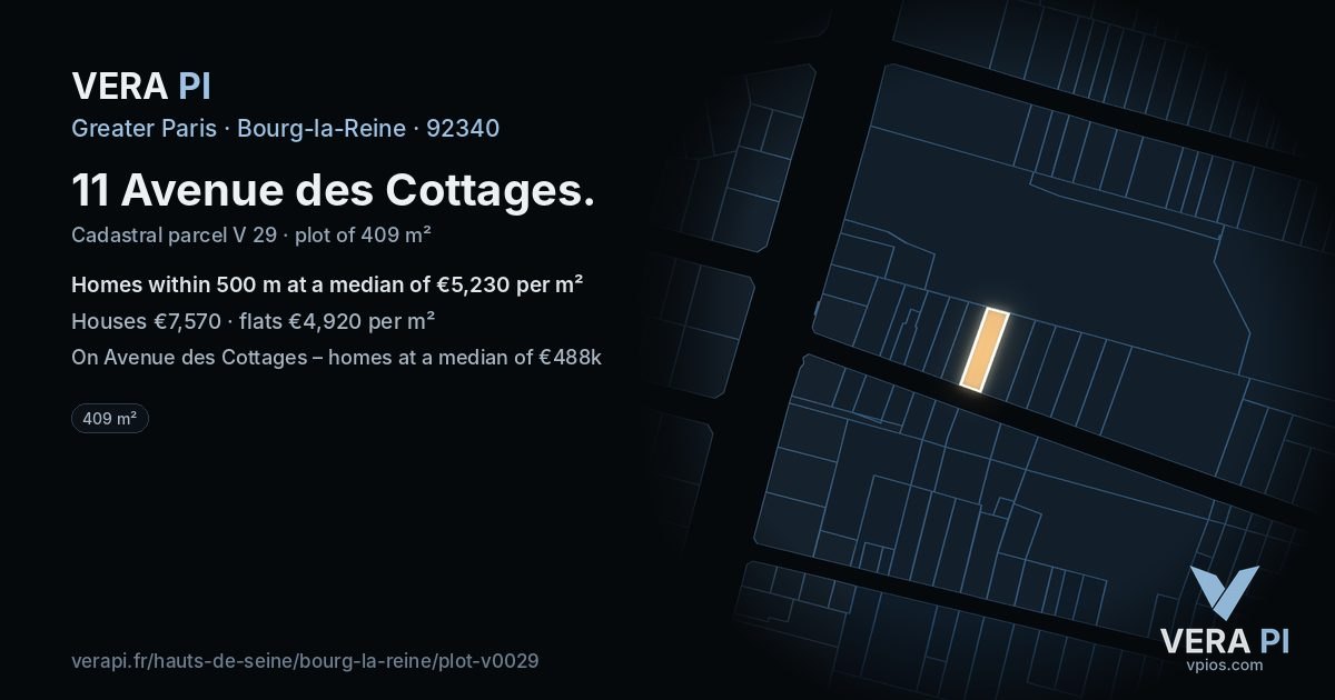 11 Avenue des Cottages, Bourg-la-Reine at night – the plot lit, the parcels around coloured by the prices near them