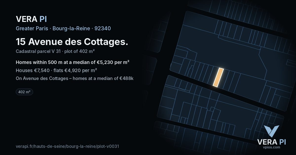 15 Avenue des Cottages, Bourg-la-Reine at night – the plot lit, the parcels around coloured by the prices near them
