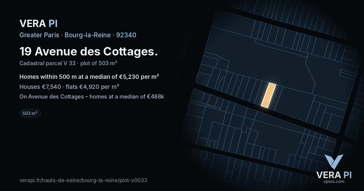 19 Avenue des Cottages, Bourg-la-Reine at night – the plot lit, the parcels around coloured by the prices near them