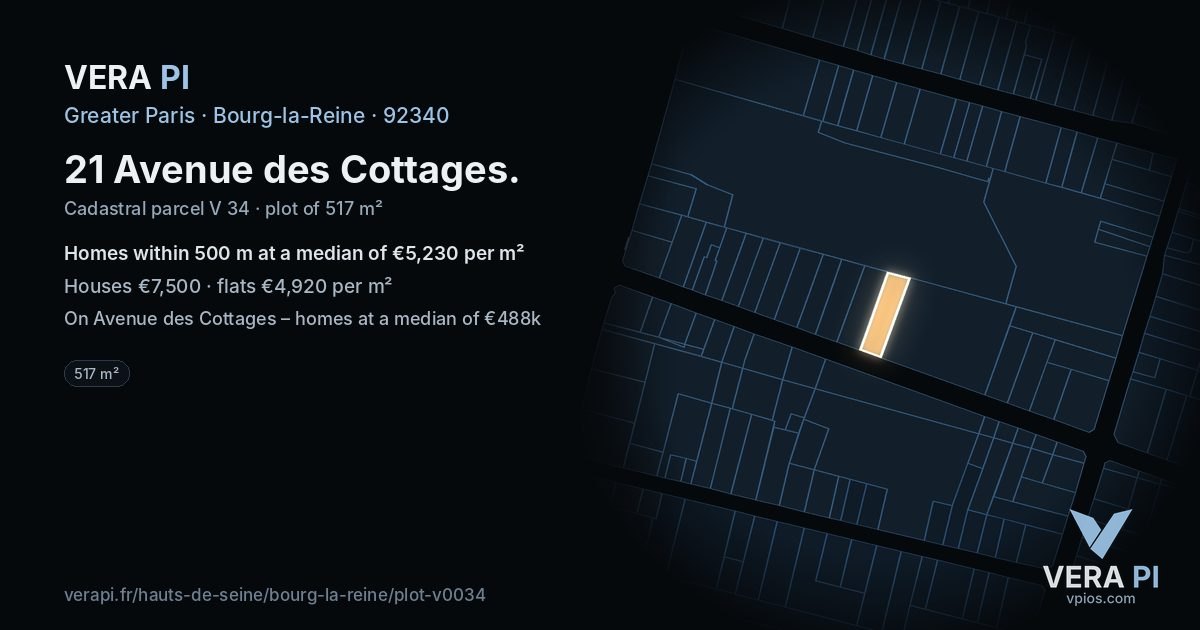 21 Avenue des Cottages, Bourg-la-Reine at night – the plot lit, the parcels around coloured by the prices near them