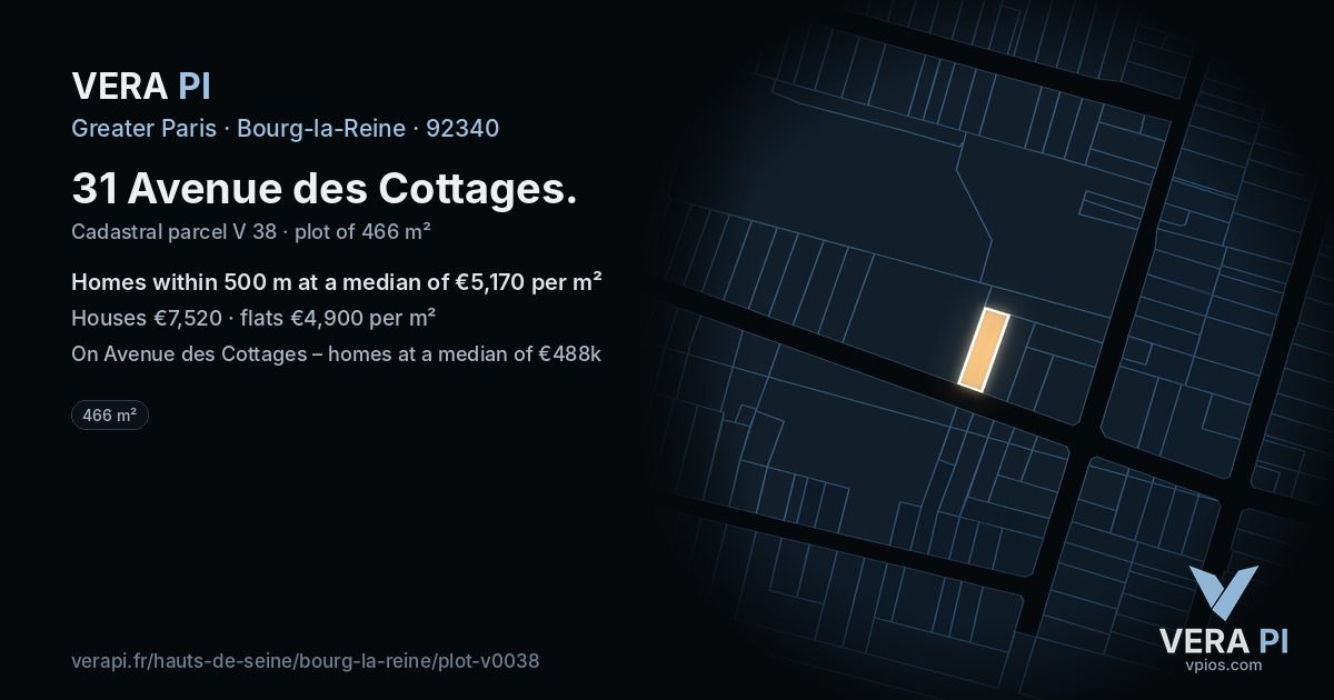 31 Avenue des Cottages, Bourg-la-Reine at night – the plot lit, the parcels around coloured by the prices near them