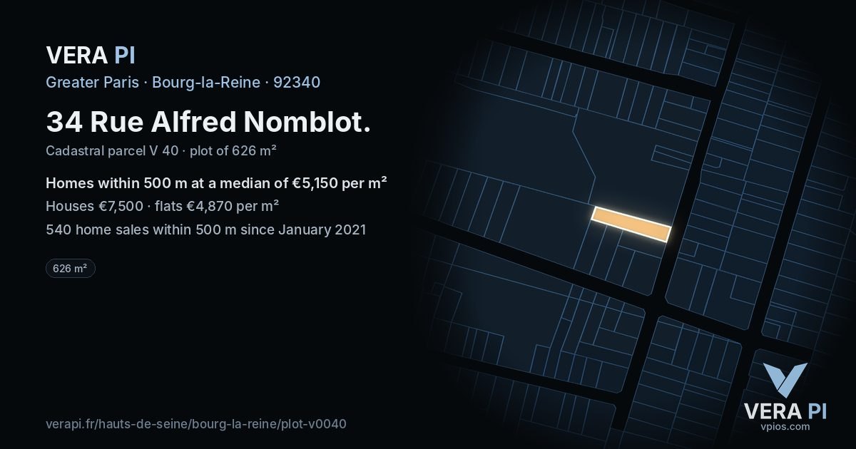 34 Rue Alfred Nomblot, Bourg-la-Reine at night – the plot lit, the parcels around coloured by the prices near them