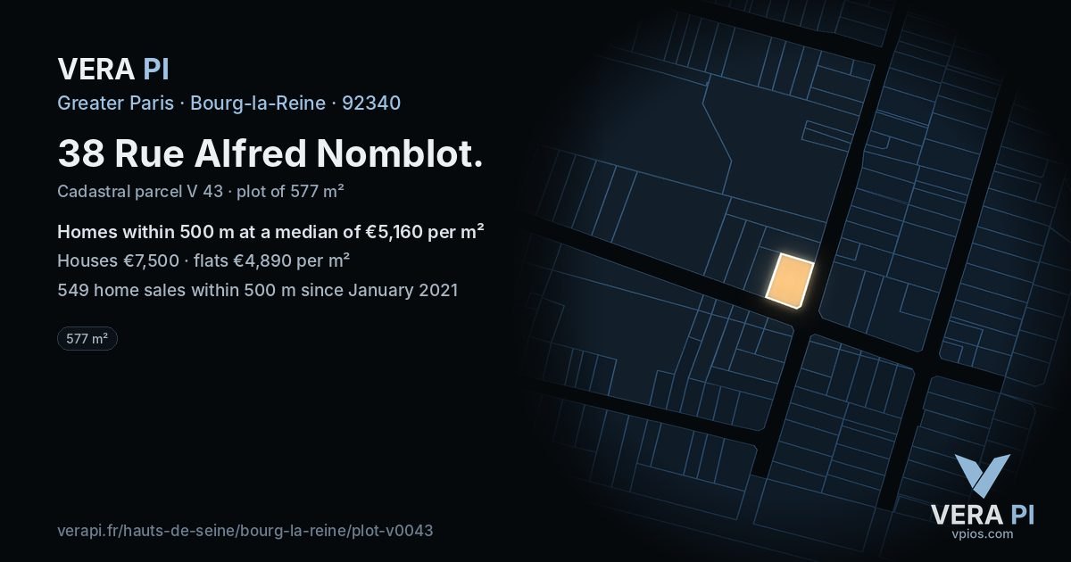 38 Rue Alfred Nomblot, Bourg-la-Reine at night – the plot lit, the parcels around coloured by the prices near them