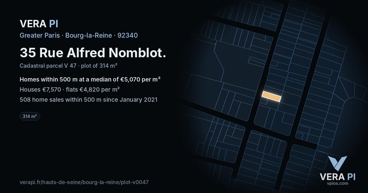 35 Rue Alfred Nomblot, Bourg-la-Reine at night – the plot lit, the parcels around coloured by the prices near them