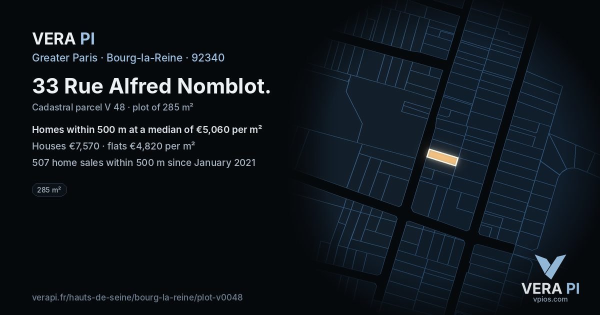 33 Rue Alfred Nomblot, Bourg-la-Reine at night – the plot lit, the parcels around coloured by the prices near them