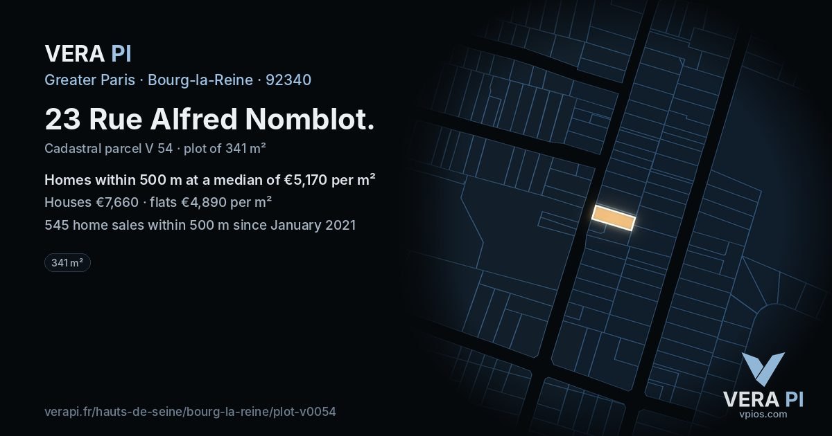 23 Rue Alfred Nomblot, Bourg-la-Reine at night – the plot lit, the parcels around coloured by the prices near them