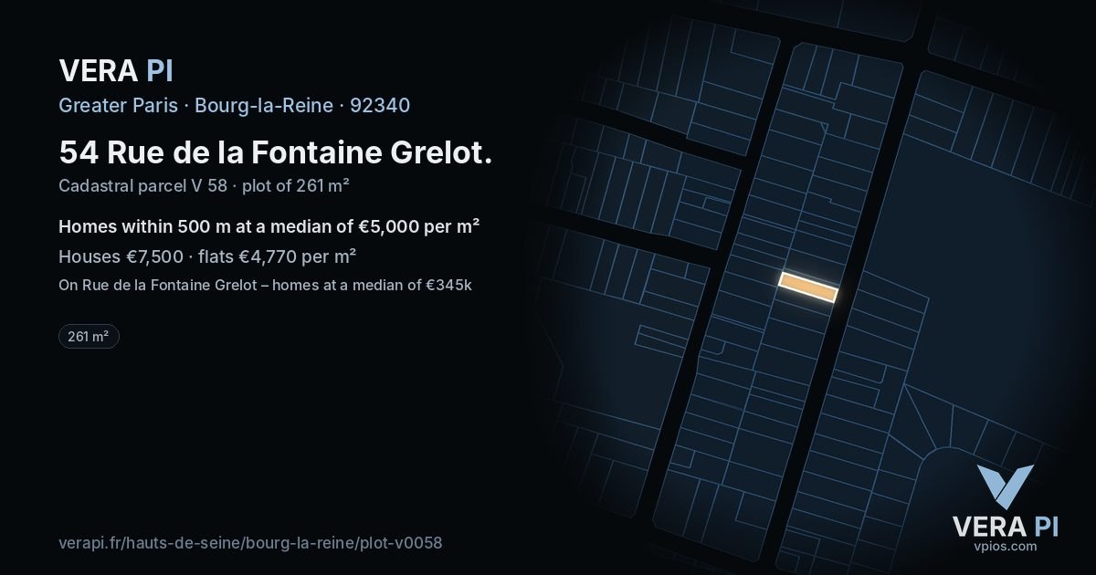 54 Rue de la Fontaine Grelot, Bourg-la-Reine at night – the plot lit, the parcels around coloured by the prices near them