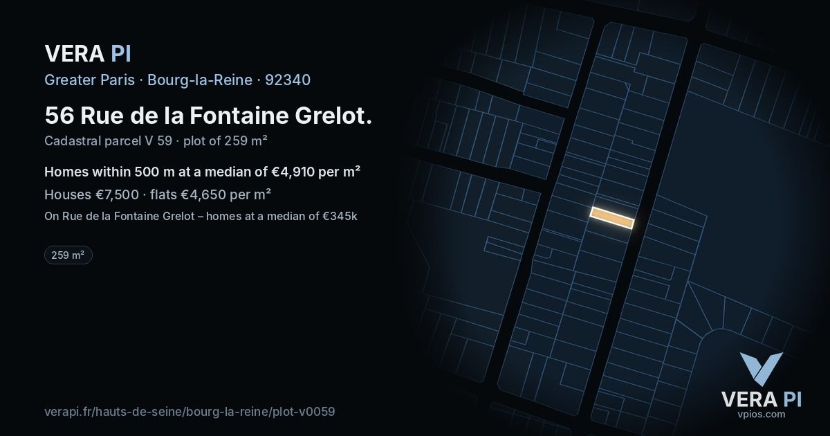 56 Rue de la Fontaine Grelot, Bourg-la-Reine at night – the plot lit, the parcels around coloured by the prices near them