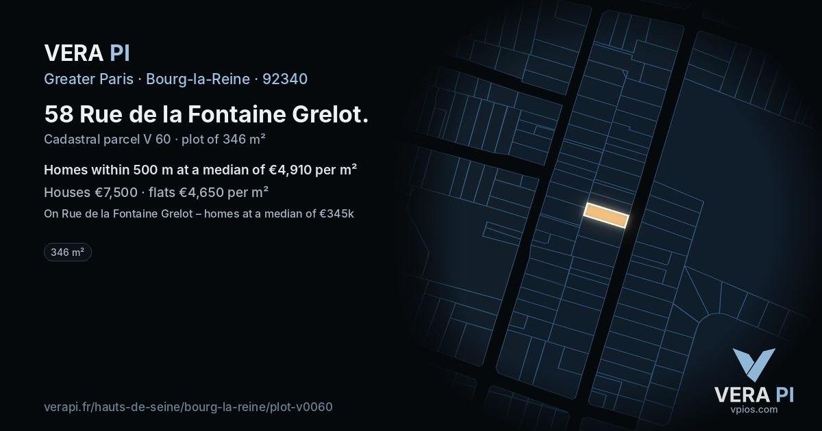 58 Rue de la Fontaine Grelot, Bourg-la-Reine at night – the plot lit, the parcels around coloured by the prices near them