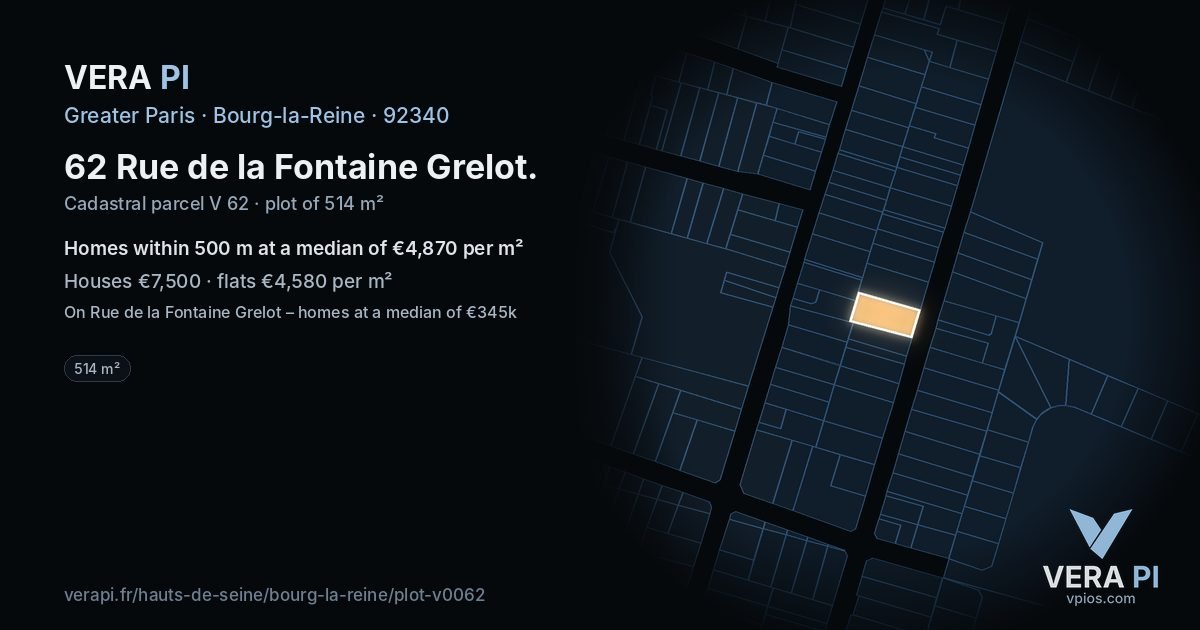 62 Rue de la Fontaine Grelot, Bourg-la-Reine at night – the plot lit, the parcels around coloured by the prices near them