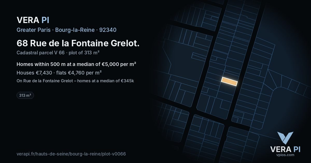 68 Rue de la Fontaine Grelot, Bourg-la-Reine at night – the plot lit, the parcels around coloured by the prices near them