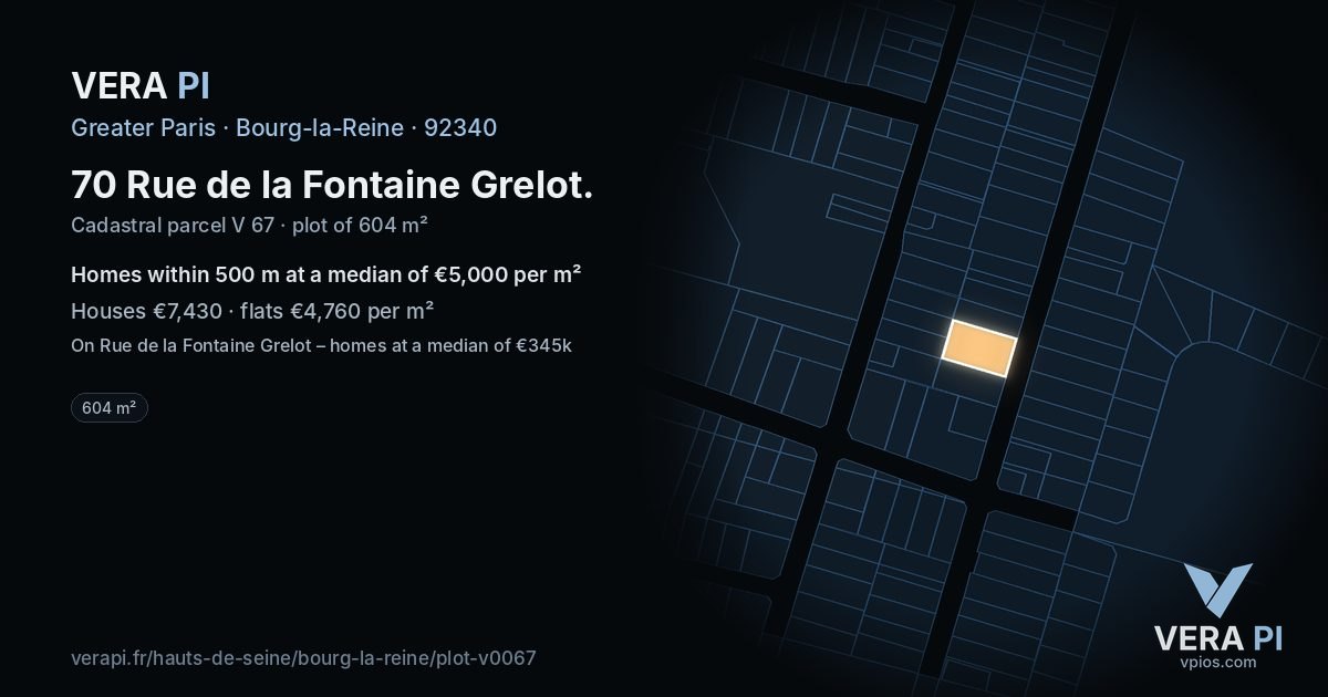 70 Rue de la Fontaine Grelot, Bourg-la-Reine at night – the plot lit, the parcels around coloured by the prices near them
