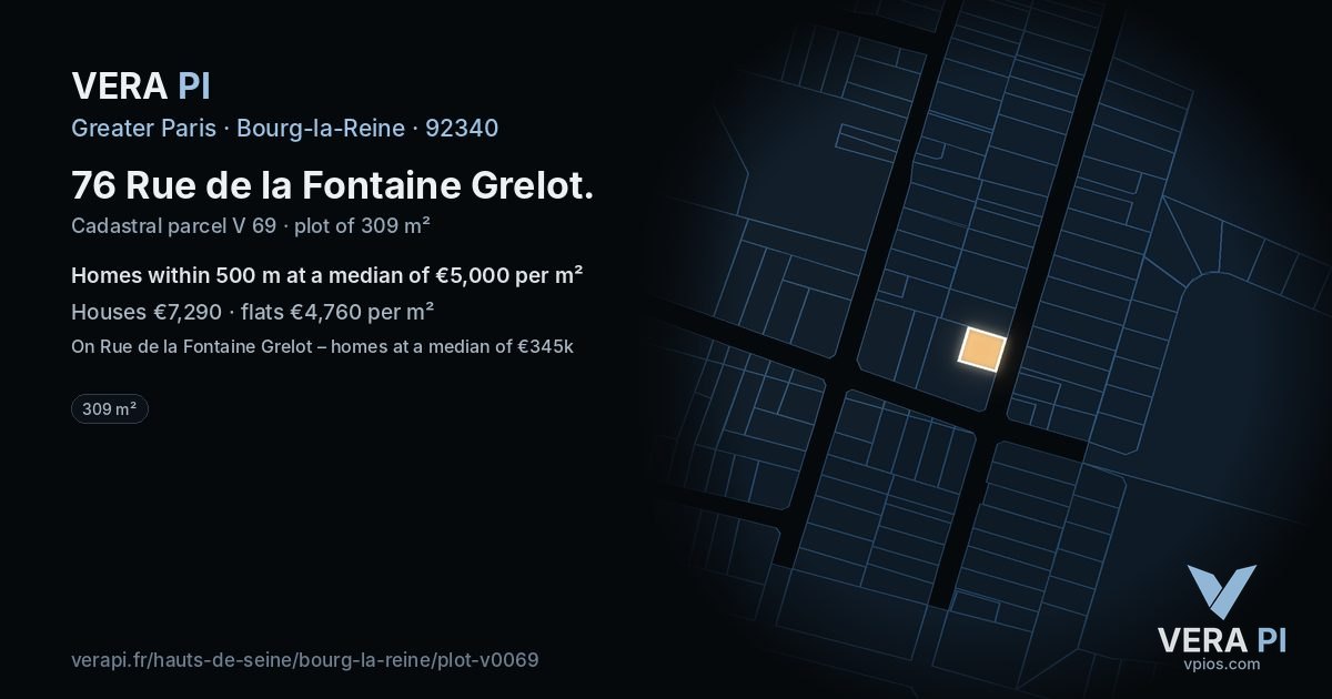 76 Rue de la Fontaine Grelot, Bourg-la-Reine at night – the plot lit, the parcels around coloured by the prices near them