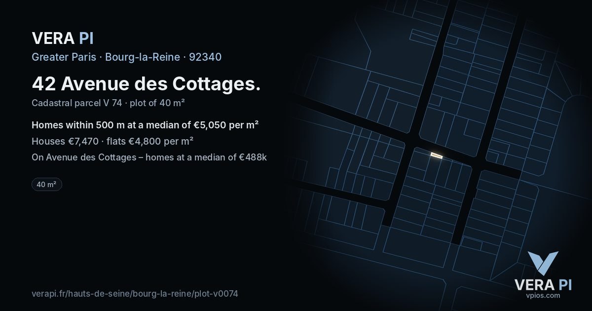 42 Avenue des Cottages, Bourg-la-Reine at night – the plot lit, the parcels around coloured by the prices near them
