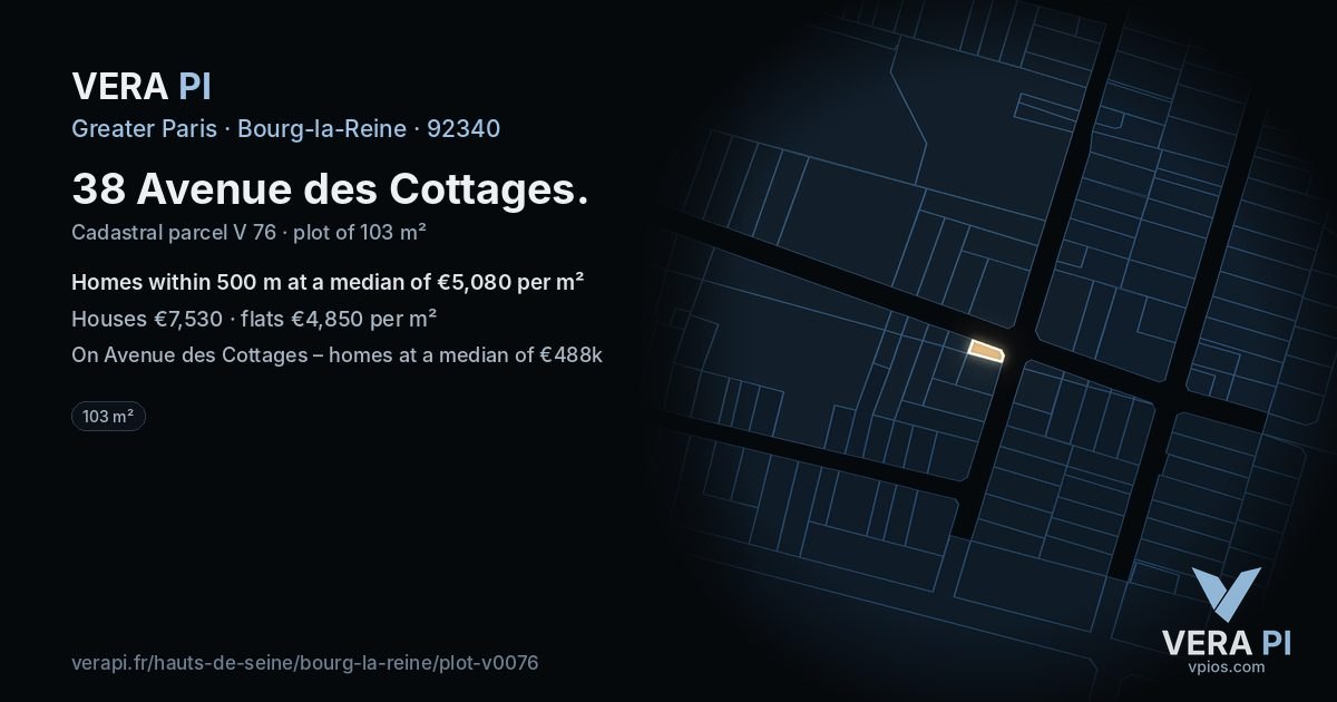 38 Avenue des Cottages, Bourg-la-Reine at night – the plot lit, the parcels around coloured by the prices near them
