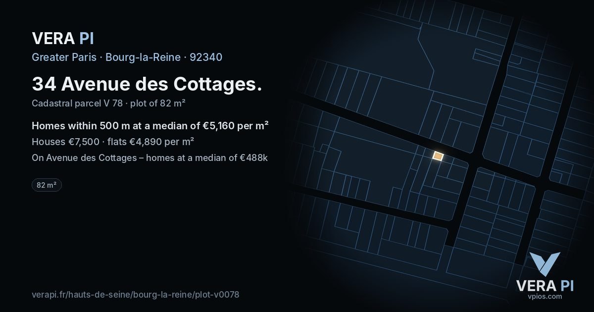 34 Avenue des Cottages, Bourg-la-Reine at night – the plot lit, the parcels around coloured by the prices near them