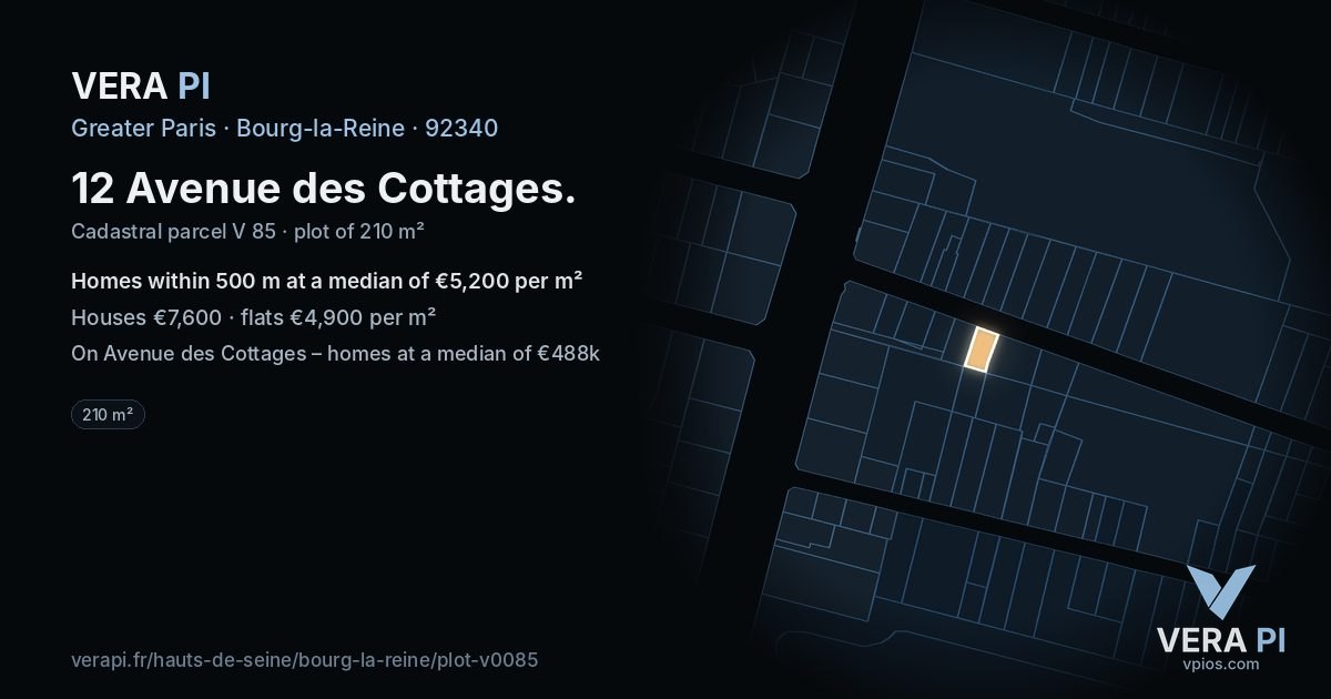 12 Avenue des Cottages, Bourg-la-Reine at night – the plot lit, the parcels around coloured by the prices near them