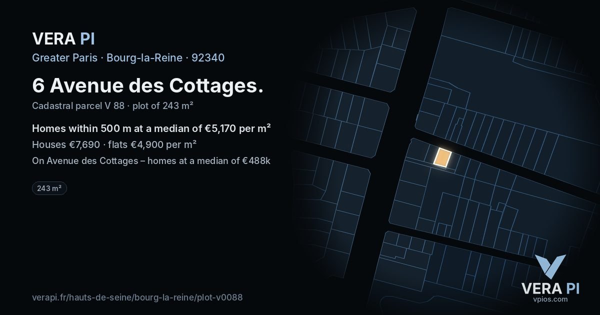 6 Avenue des Cottages, Bourg-la-Reine at night – the plot lit, the parcels around coloured by the prices near them