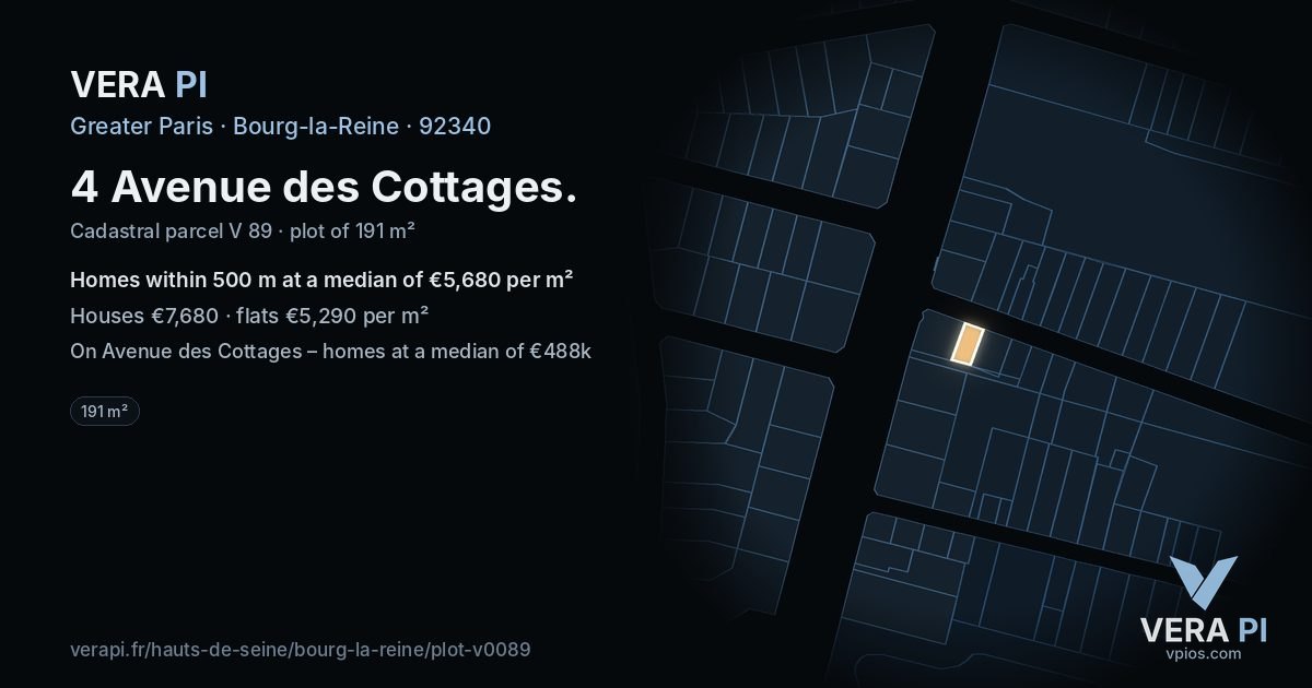 4 Avenue des Cottages, Bourg-la-Reine at night – the plot lit, the parcels around coloured by the prices near them