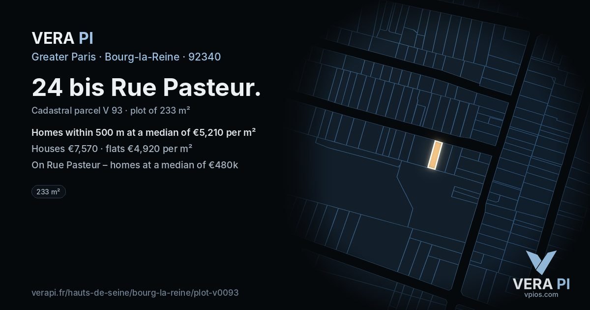 24 bis Rue Pasteur, Bourg-la-Reine at night – the plot lit, the parcels around coloured by the prices near them