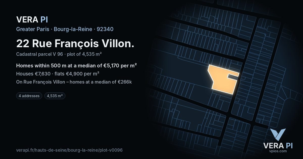22 Rue François Villon, Bourg-la-Reine at night – the plot lit, the parcels around coloured by the prices near them