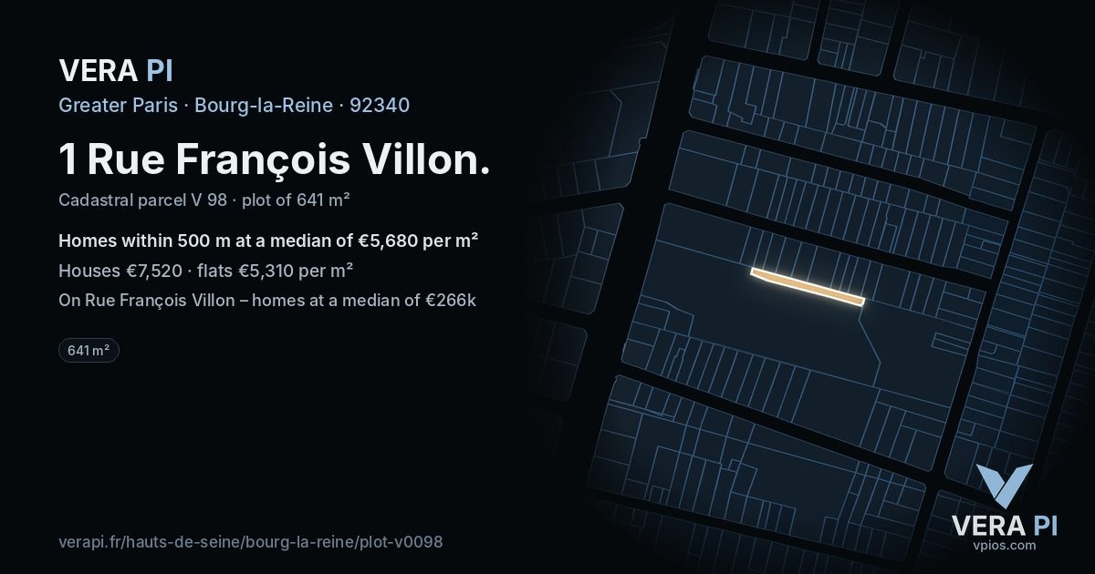 1 Rue François Villon, Bourg-la-Reine at night – the plot lit, the parcels around coloured by the prices near them