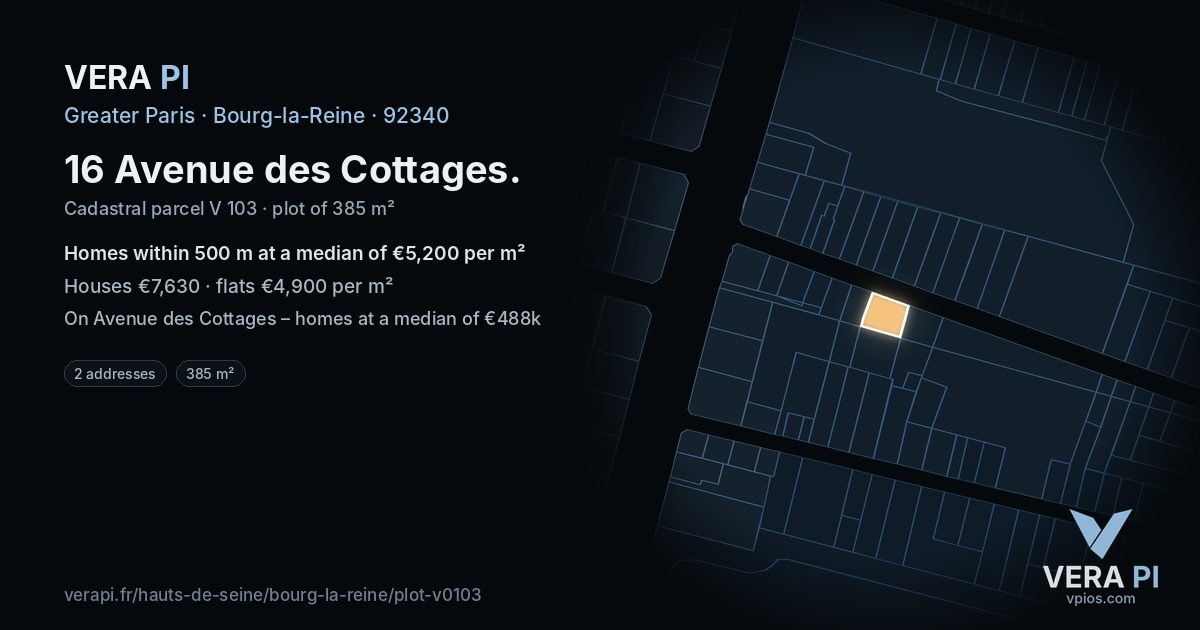 16 Avenue des Cottages, Bourg-la-Reine at night – the plot lit, the parcels around coloured by the prices near them