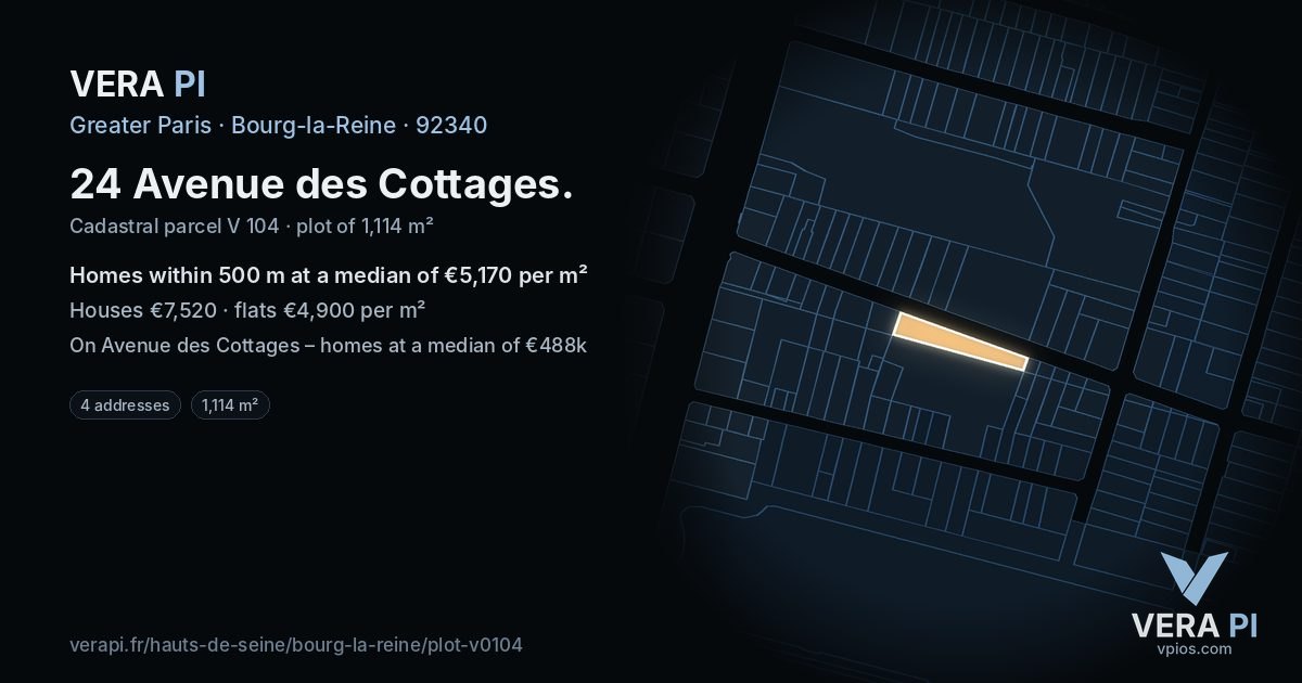 24 Avenue des Cottages, Bourg-la-Reine at night – the plot lit, the parcels around coloured by the prices near them