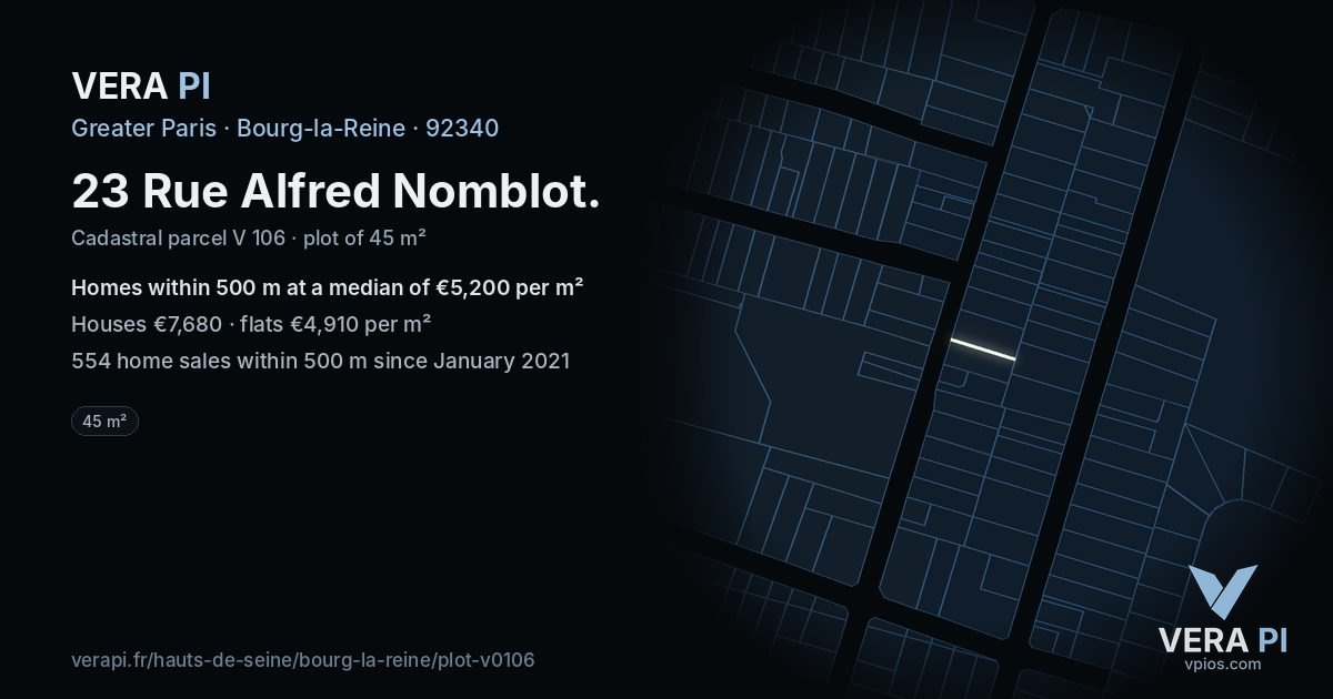 23 Rue Alfred Nomblot, Bourg-la-Reine at night – the plot lit, the parcels around coloured by the prices near them