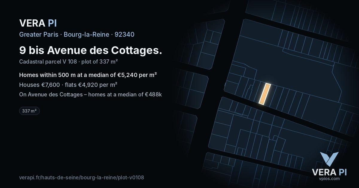 9 bis Avenue des Cottages, Bourg-la-Reine at night – the plot lit, the parcels around coloured by the prices near them