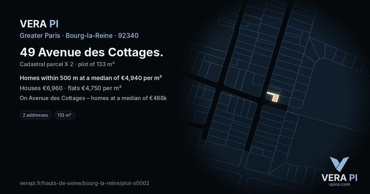 49 Avenue des Cottages, Bourg-la-Reine at night – the plot lit, the parcels around coloured by the prices near them